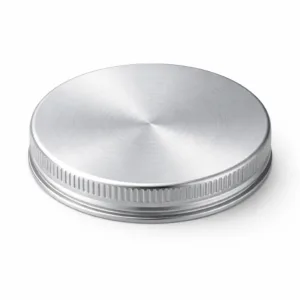 A brushed silver aluminum ribbed texture metal lid featuring a soft rounded edge and a clean, flat design. Perfect for functional yet visually appealing closures.