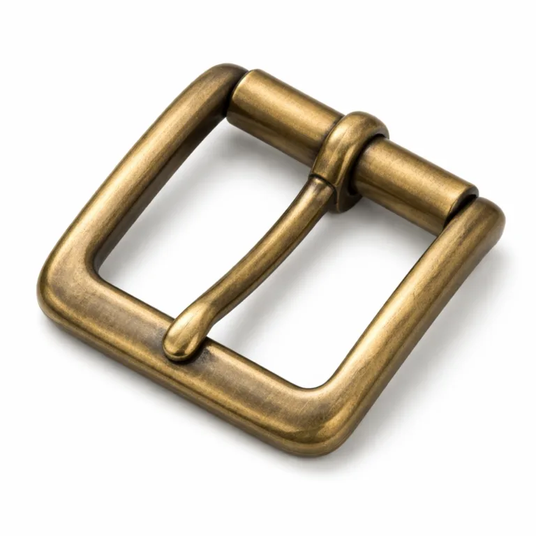 A classic antique brass roller buckle for leather belts featuring a flat 2D profile and a brushed metal surface, perfect for vintage-inspired accessories.