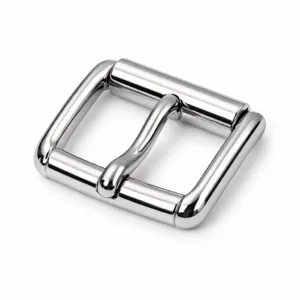 A roller buckle for leather belts crafted in zinc alloy with a shiny nickel plated mirror finish and smoothly rounded edges, ideal for high-end belt designs.