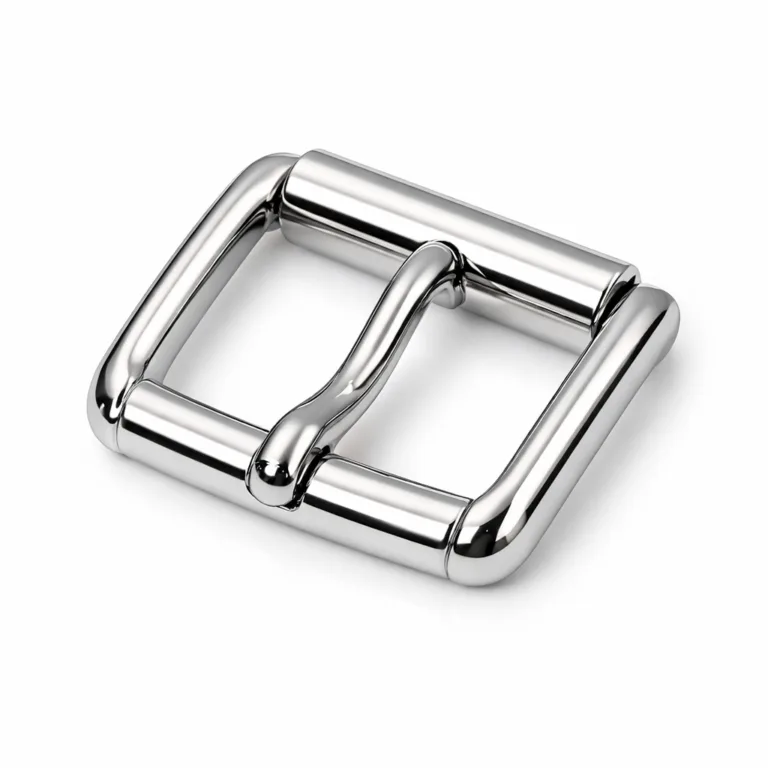 gr roller buckle nickel polished A roller buckle for leather belts crafted in zinc alloy with a shiny nickel plated mirror finish and smoothly rounded edges, ideal for high-end belt designs.
