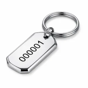 A polished silver serial number keychain tag crafted from zinc alloy, featuring sharp beveled edges for a refined look. Comes with a sturdy split ring attachment for secure key holding. Perfect for modern accessory collections.