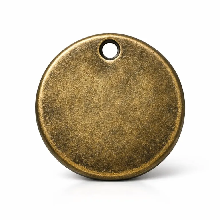 A round zinc alloy serial number metal tag enhanced with an antique brass finish and softly rounded edge. Features a single mounting hole at the top for simple labeling or identification needs.