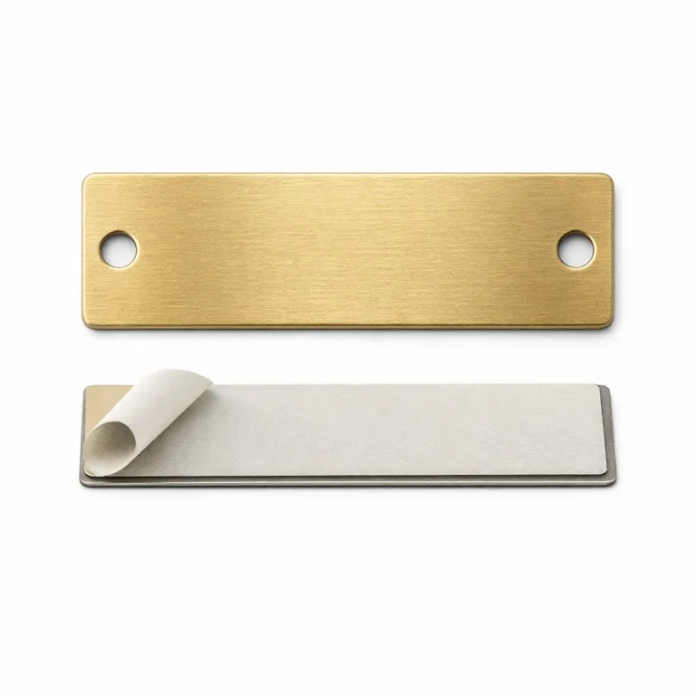 Brushed brass serial number metal tag with a sandblasted matte texture and flat surface, offering a contemporary look. Comes with a visible adhesive back for straightforward mounting on flat surfaces.