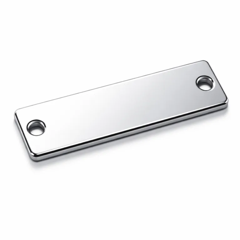 A polished stainless steel serial number metal tag in a classic rectangular design, featuring crisp beveled edges and mounting holes at both ends for easy attachment. Ideal for durable industrial marking.
