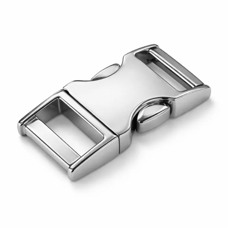 gr side release buckle nickel beveled A high-detail e-commerce photo of a side-release metal buckle crafted from zinc alloy with a polished shiny silver finish, featuring crisp beveled edges and a modern flat 2D profile. Ideal for bags and gear with a sleek, contemporary style.