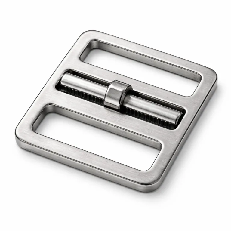 A commercial product image depicting an adjustable slider buckle with a stainless steel look, featuring a classic brushed finish and a flat 2D profile. The image highlights the buckle's practicality and refined design.