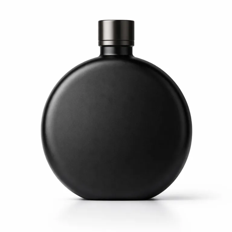 High realism image of a spirits bottle metal closure in stainless steel, featuring a sandblasted matte black nickel-plated surface, flat round shape, and soft rounded edges.