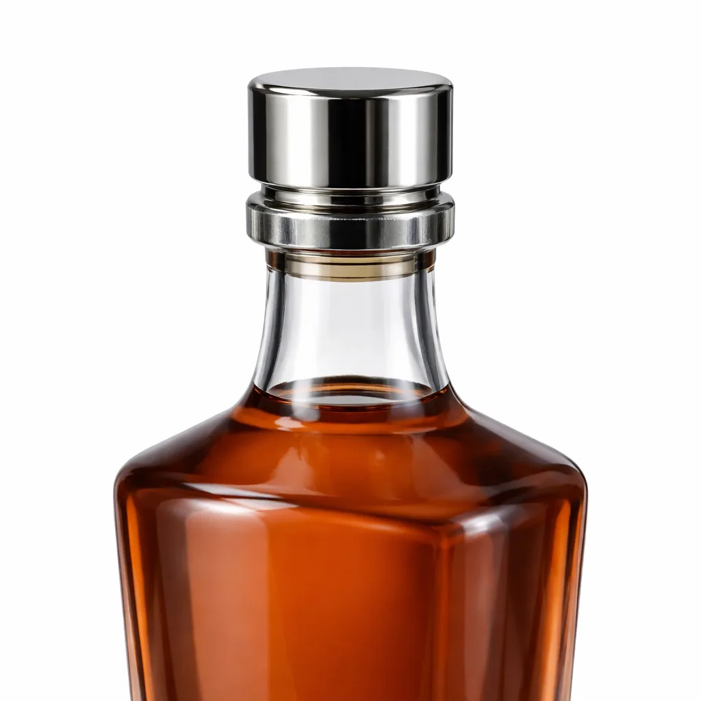High realism image of a spirits bottle metal closure manufactured from zinc alloy, featuring a shiny nickel plated surface with crisp beveled edges for a modern look.