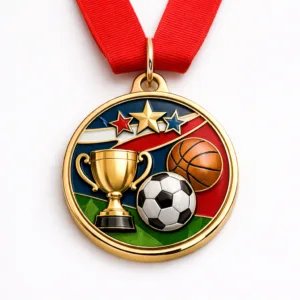 A zinc alloy sports achievement medal in a shiny gold finish with vibrant colored soft enamel details and a crisp beveled edge, attached to a plain red ribbon. Ideal for sports award ceremonies and athletic recognition.