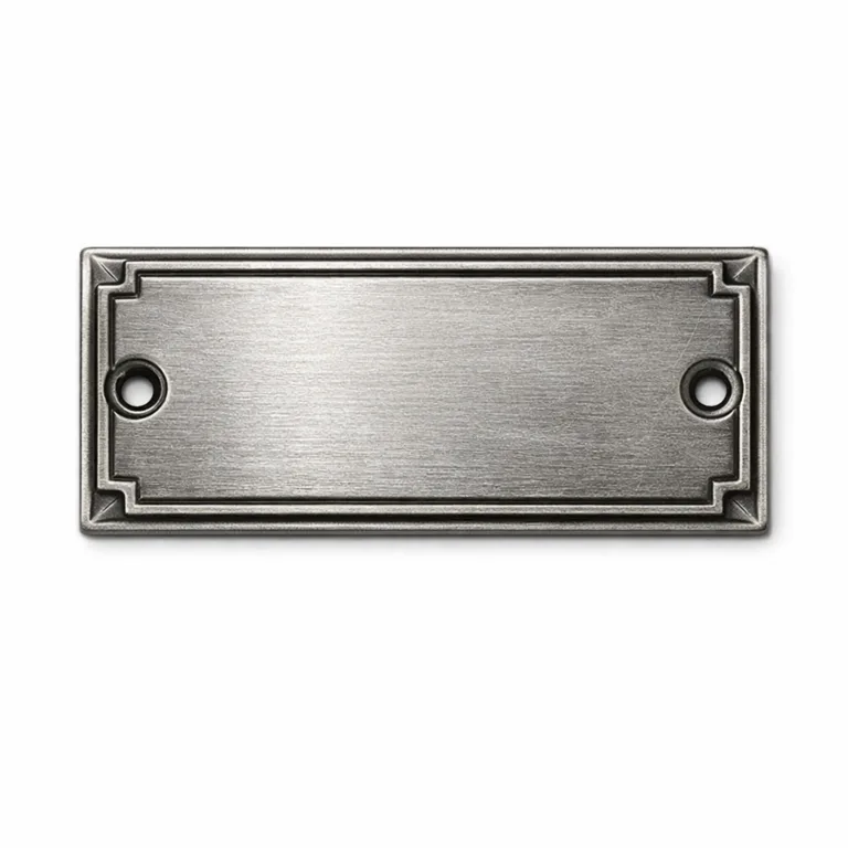 A sophisticated antique silver plated nameplate featuring a brushed texture, zinc alloy core, rectangular form with raised 3D relief border, engraved surface, and two screw holes positioned at opposite corners for secure attachment.