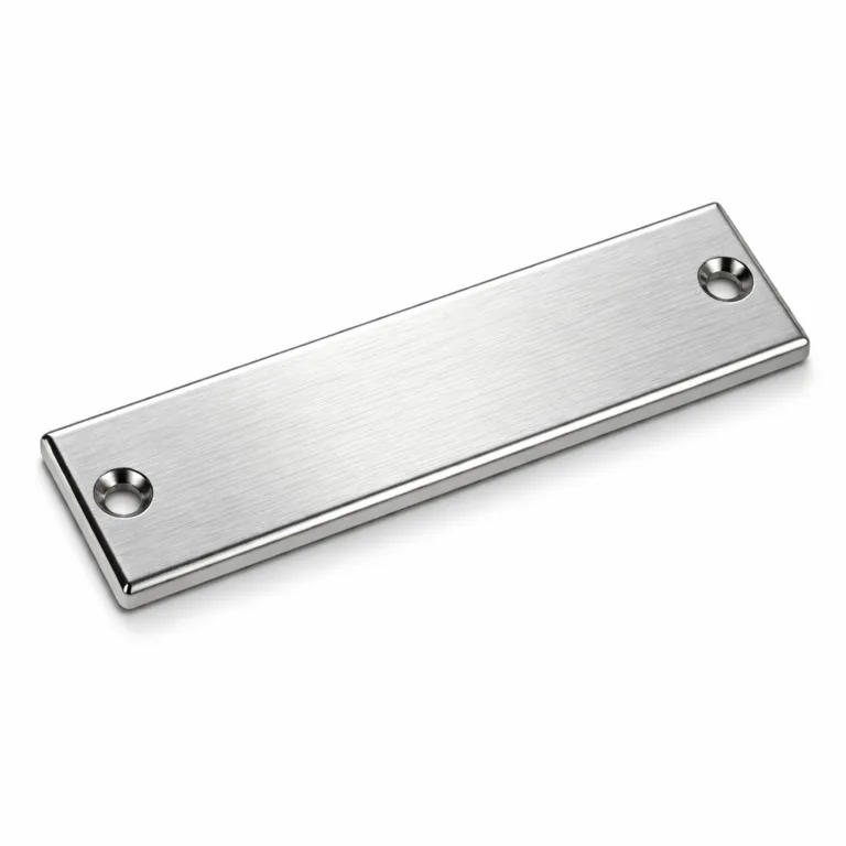 gr stainless look nameplate nickel screw A realistic stainless-look nameplate with a zinc alloy core, shiny nickel plated finish, brushed surface, crisp beveled edges, and engraved details. Features small screw holes on each end, suitable for easy mounting.