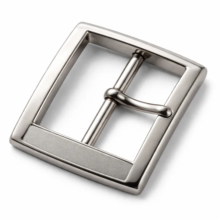 A stamped brass belt buckle frame with a shiny nickel plated finish and sandblasted matte surface on the flat face. The 2D flat edge creates a modern look, all product details are visible.