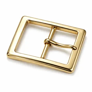 A classic rectangular stamped brass belt buckle frame in solid brass with a polished gold mirror finish and crisp beveled edge. The detailed frame edge and prong are clearly displayed, ideal for high-end belt craftsmanship.