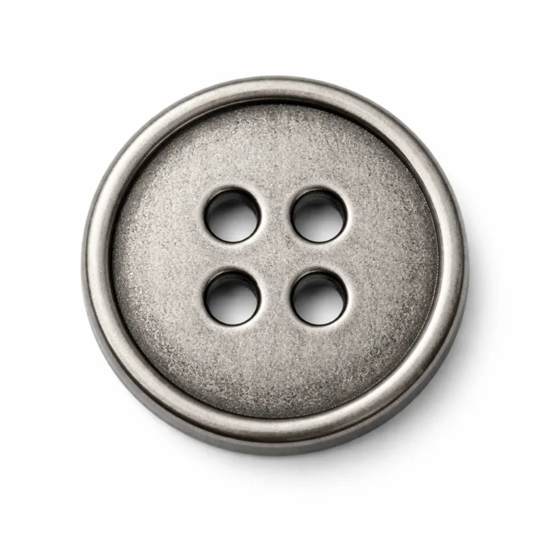 A stamped sewing button crafted in antique silver finish, highlighted by a fine sandblasted matte texture and 2D flat profile for contemporary garment styles.