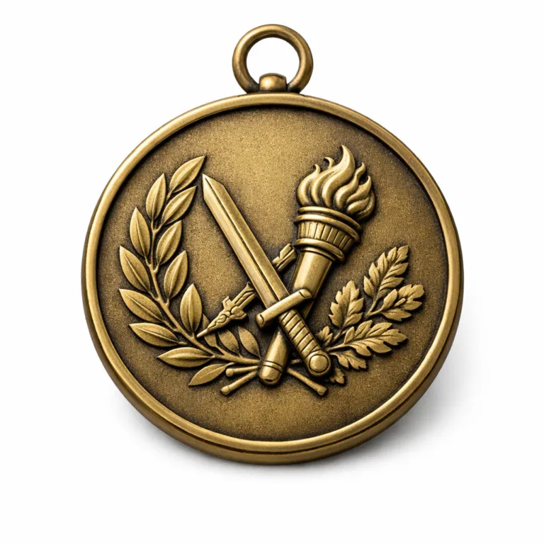 A stamped classic round medal with an antique brass finish and a soft rounded edge, featuring a detailed 3D relief emblem on a sandblasted matte surface. Comes with a standard ring, no ribbon, shown for close detail.