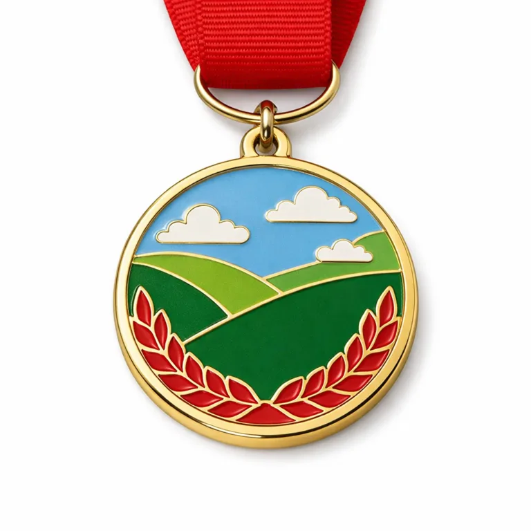 A gold finish stamped classic round medal made of zinc alloy, featuring soft enamel color fill and a crisp beveled edge. Displayed with a standard ring and minimal plain red ribbon for wearing, ideal for award presentations.