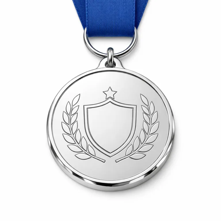A highly-polished mirror finish classic round medal in silver (nickel look), featuring a clean 2D flat surface with engraved outline emblem and a crisp beveled edge. Equipped with a standard ring and a minimal plain blue ribbon.