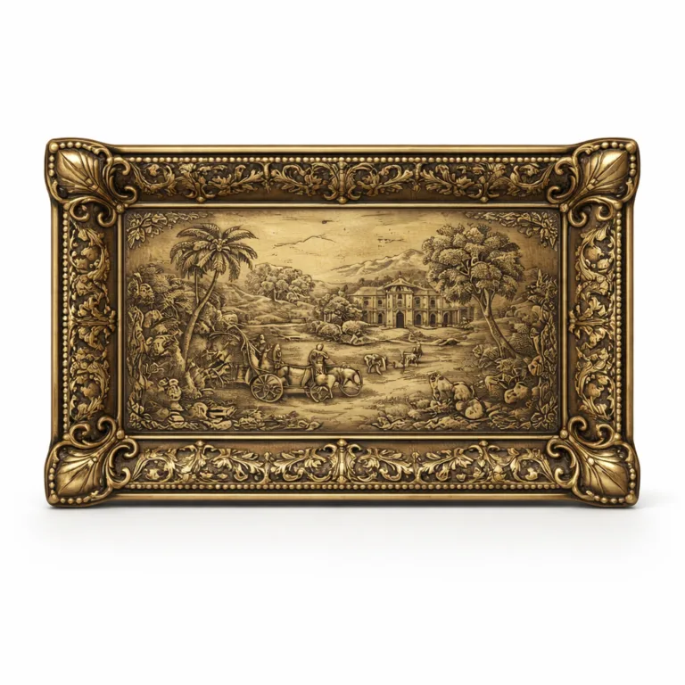 This manufacturable variant showcases a stamped brass plate with an antique brass finish. It has a rectangular form, crisp beveled edges, and a fine 2D etched surface pattern for a refined souvenir look.