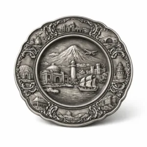 This variant features a zinc alloy souvenir plate in a classic round shape finished in antique silver. Intricate 3D raised relief details and a soft rounded edge create a vintage, collectible appearance.