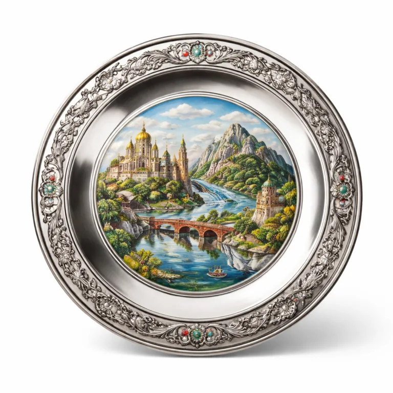 This variant offers a shiny nickel-plated stainless steel souvenir plate in a classic round shape. It features a highly polished mirror surface and soft enamel color-filled details, with a smooth rounded edge.