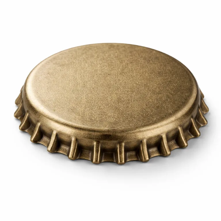 A stamped metal bottle cap top finished in antique brass with a sandblasted matte surface and sharply defined beveled edge. Designed to evoke a vintage, durable aesthetic.