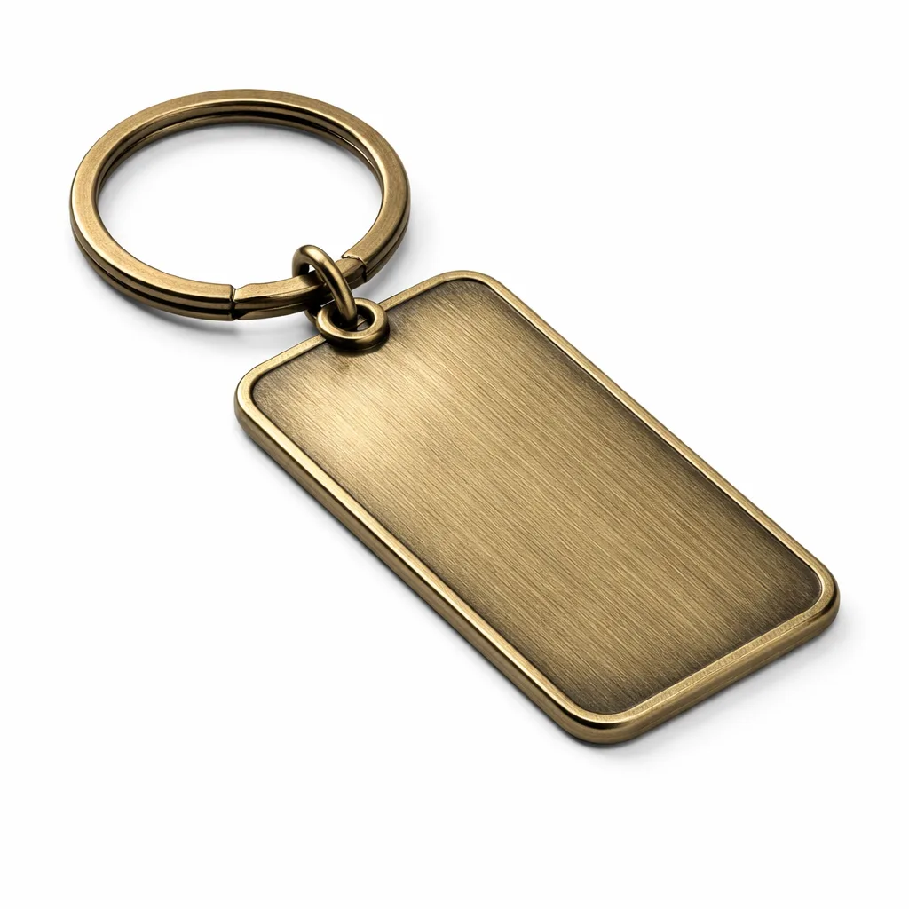 A rectangular stamped metal key tag crafted from zinc alloy and finished in brushed antique brass. Features soft rounded edges and a classic split ring attachment, ideal for everyday use.