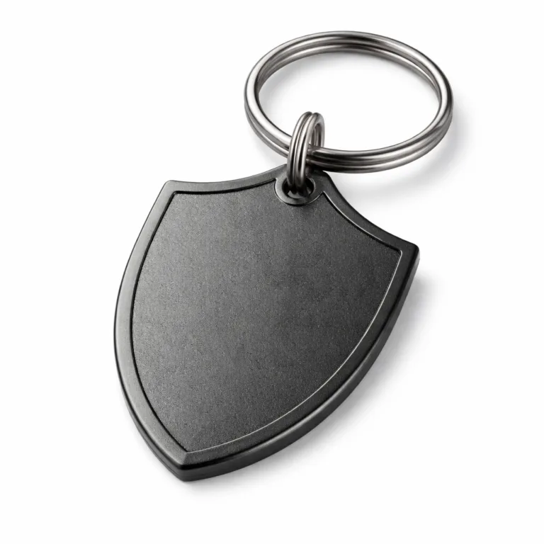 A shield-shaped stamped metal key tag crafted from zinc alloy and finished with a sandblasted matte black nickel surface. Features a flat 2D design and classic split ring for easy carrying.