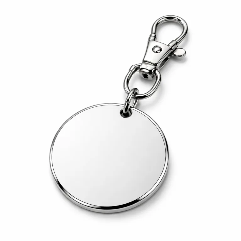 A round stamped metal key tag made from zinc alloy, boasting a shiny nickel finish and crisp beveled edges. Comes with a secure lobster clasp for versatile attachment.