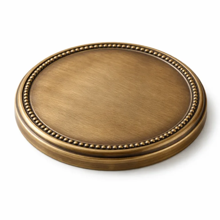 An antique brass stamped metal lid cover featuring a crisp beveled edge, made from brass, shown in a flat 2D style on a white background for online catalogues.