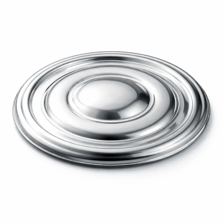 A premium stamped metal lid cover crafted from stainless steel with a polished mirror finish, featuring a 3D relief and soft rounded edge, studio-photographed for e-commerce listings.