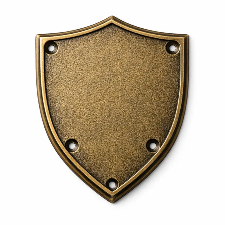 A shield-shaped stamped metal nameplate in brass with an antique finish. The sandblasted surface provides a textured look, complemented by screw holes for attachment. Suitable for signage or decorative purposes.
