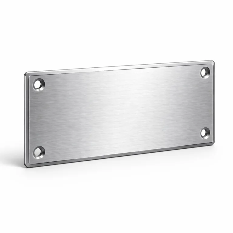 gr stamped metal nameplate brushed screw A rectangular stamped metal nameplate crafted from aluminum with a brushed silver finish and crisp beveled edge. The image showcases visible screw holes at each end, suitable for mechanical mounting. Perfect for industrial labeling or equipment identification.