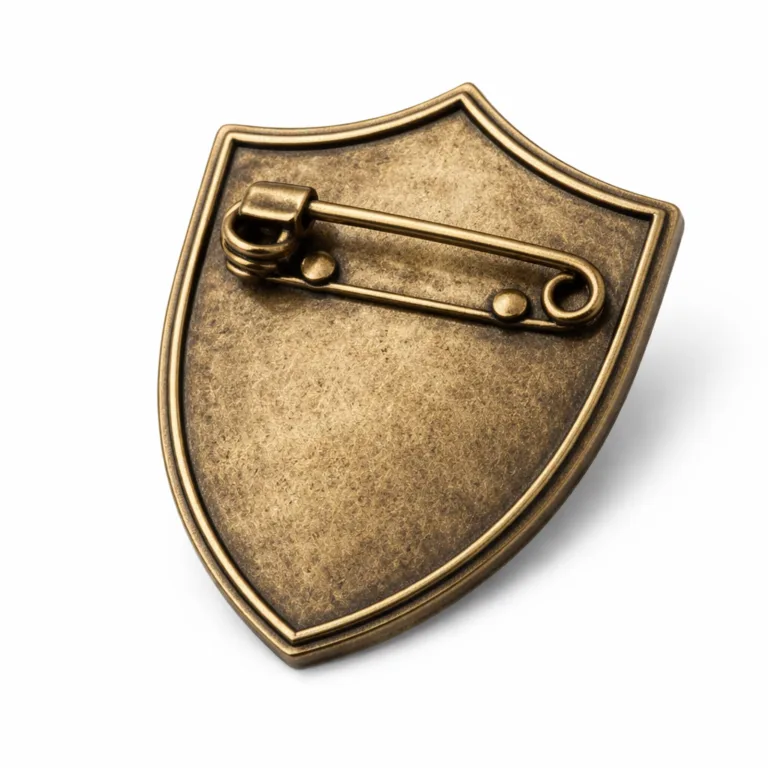 A shield silhouette pin badge stamped from metal with an authentic antique brass finish. Features a 2D flat design and is fitted with a classic safety pin back. Ideal for vintage-style or heritage collections.