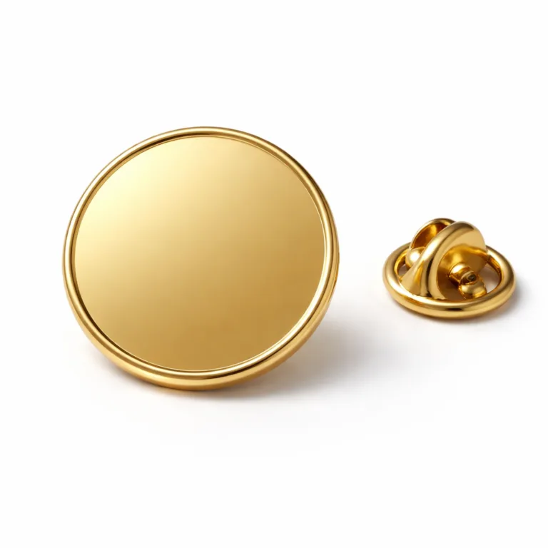 gr stamped metal pin gold beveled A round stamped metal pin badge crafted in zinc alloy with a reflective shiny gold finish. Features crisp beveled edges and a secure butterfly clutch back. Perfect for professional, elegant branding or commemorative use.