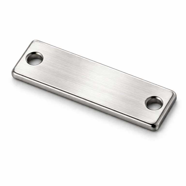 gr stamped metal tag brushed A brushed stainless steel stamped garment tag plate, rectangular with clean beveled edges and two sewing holes. Neutral finish and refined detailing showcase a modern, versatile design for garment branding.