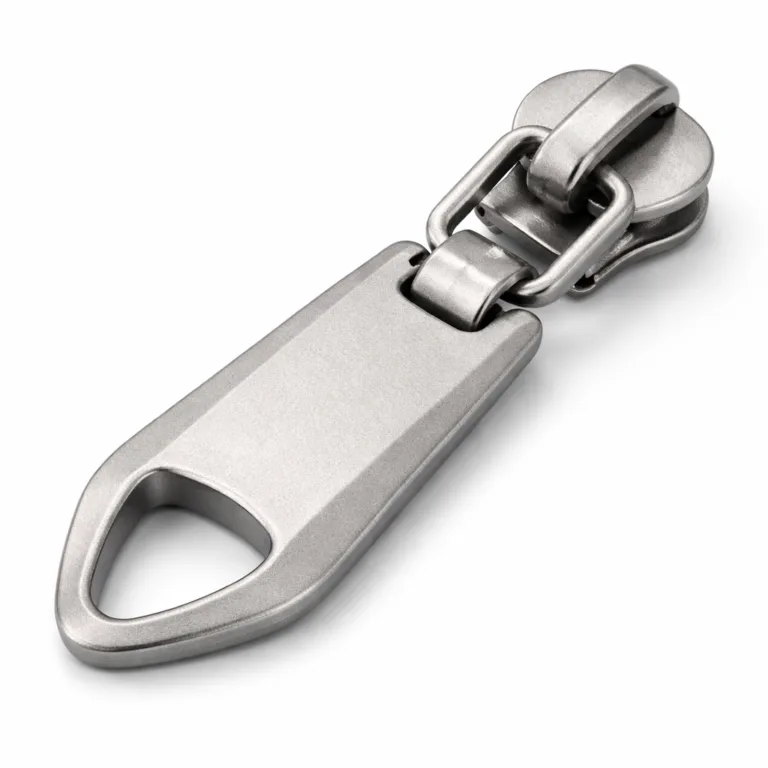 High-detail studio photo of a custom silhouette stamped zipper pull plate, styled in a sandblasted matte nickel finish on stainless steel look, with a refined, modern surface texture for contemporary accessory designs.