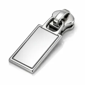 A commercial studio photo of a rectangular zipper pull plate crafted from zinc alloy with a shiny nickel plating and crisp beveled edges, showcasing its elegant and durable appearance for high-end accessories.