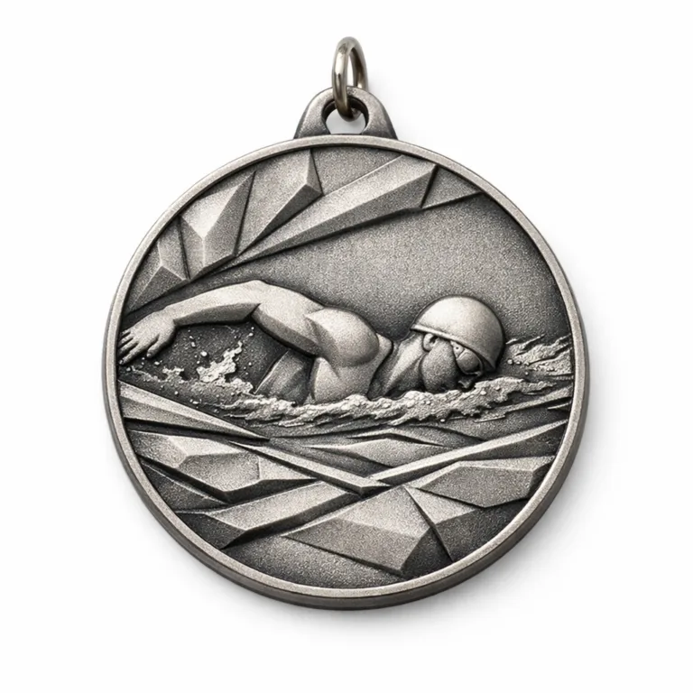 A swimming championship medal featuring an antique silver plating with sandblasted matte texture. The medal boasts a geometric 3D relief design, a standard ring attachment, and is presented without ribbon.