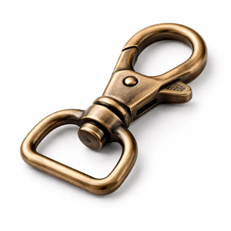 Close-up e-commerce photo of a swivel hook clasp made from brass, with an antique brass plated finish, featuring a brushed surface and crisp beveled edges. Classic look for bags or accessories.