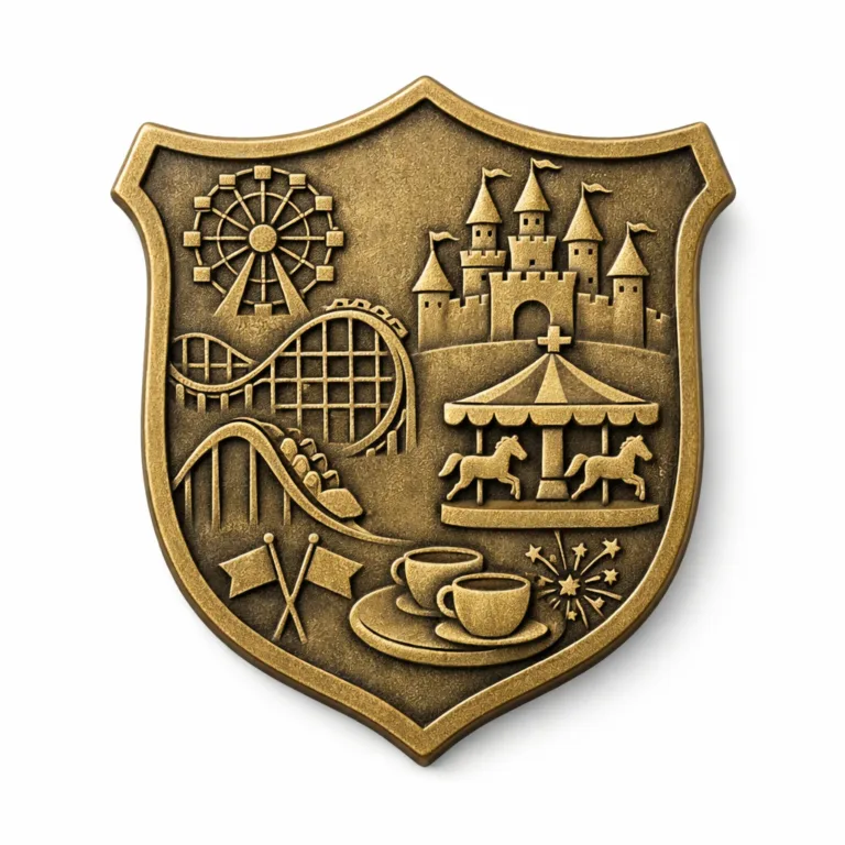 A collectible shield-shaped souvenir for theme park enthusiasts, die cast from brass and finished with an elegant antique brass plating. Sandblasted matte texture and 2D flat relief details offer a distinguished vintage effect.