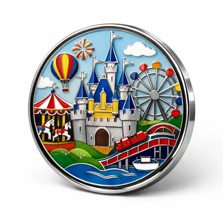 gr theme park collector nickel enamel Theme park collector souvenir crafted in zinc alloy with a brilliant shiny nickel finish. Features a classic round shape, highlighted details in soft enamel colors, and distinct beveled edges for a premium collectible appearance.