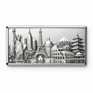 Sharp rectangular magnet-style souvenir made of zinc alloy with a polished silver finish. The edges are crisp and beveled, giving it a sleek, modern appearance suitable for display or collection.