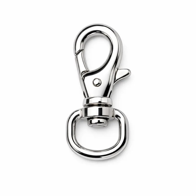 A trigger snap clasp made from zinc alloy, featuring a polished shiny nickel finish and soft rounded edges. Ideal for keychains, bags, or accessories. High-resolution studio lighting highlights the reflective surface and smooth contours.