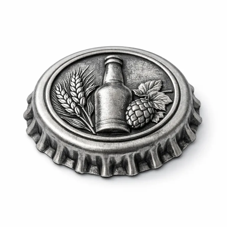 A twist-off bottle cap made of zinc alloy with an antique silver finish, highlighting a raised 3D relief pattern in the center. Its classic ridged edge offers traditional grip and style, suitable for premium beverage packaging.