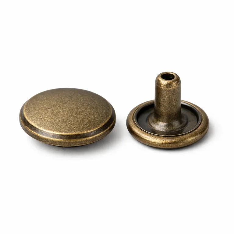 A detailed imagery of a two-piece rivet button set made in brass with a classic antique brass finish. The surface is sandblasted for a matte texture, and the button is shaped with a crisp beveled edge for a distinctive look.