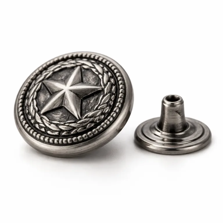 A realistic close-up photo of a two-piece rivet button set in zinc alloy, finished in brushed antique silver. The surface features subtle 3D relief detailing, and edges are softly rounded for a refined profile.