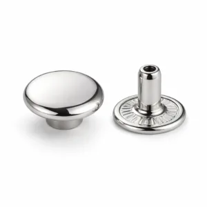 A high realism product photo showing a two-piece rivet button set made of zinc alloy, featuring a lustrous shiny nickel plating and a highly polished mirror surface. The button edges are softly rounded for a smooth appearance.