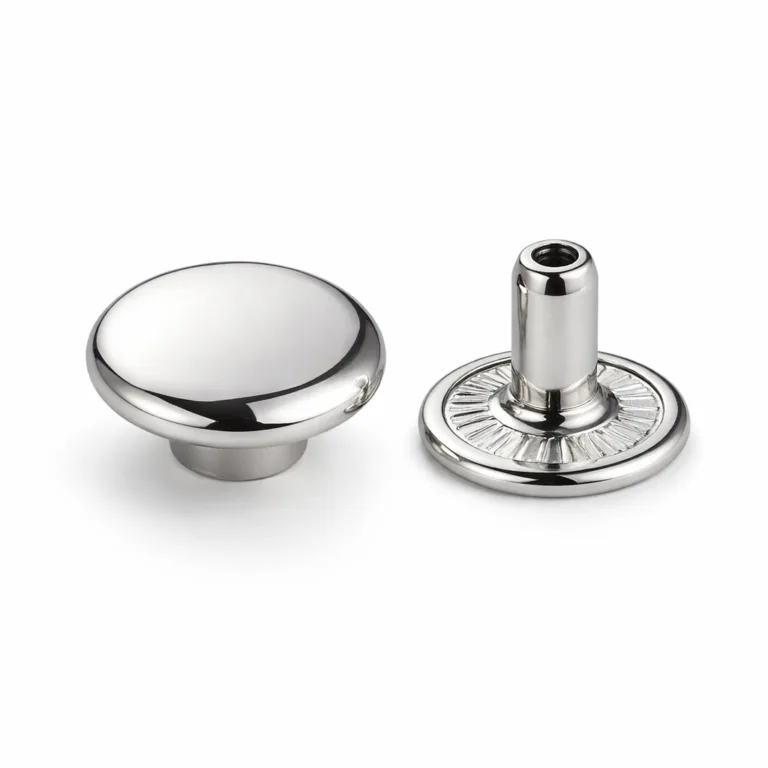 A high realism product photo showing a two-piece rivet button set made of zinc alloy, featuring a lustrous shiny nickel plating and a highly polished mirror surface. The button edges are softly rounded for a smooth appearance.