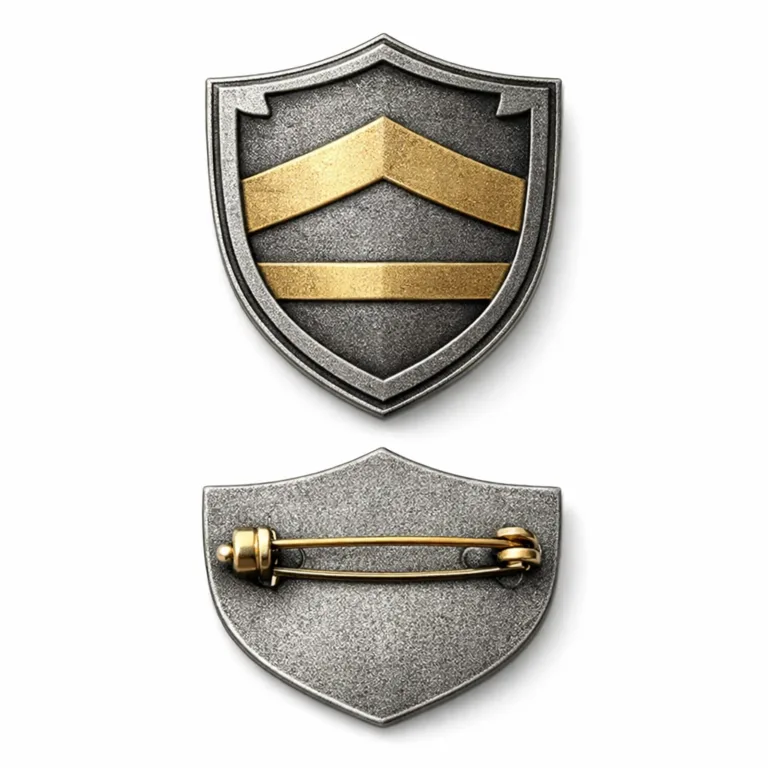 This shield-shaped two-tone plated badge is made with antique silver and gold finishes on zinc alloy. It features a sandblasted matte texture, a flat 2D relief surface, and a secure safety pin backing. Perfectly shot for crisp e-commerce display.