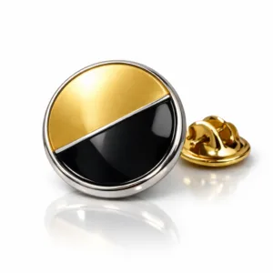 A round two-tone badge crafted from zinc alloy featuring a gold and shiny nickel plating. The surface has polished mirror highlights and soft enamel fill, complemented by a soft rounded edge and sturdy butterfly clutch back. Ideal for e-commerce presentation.